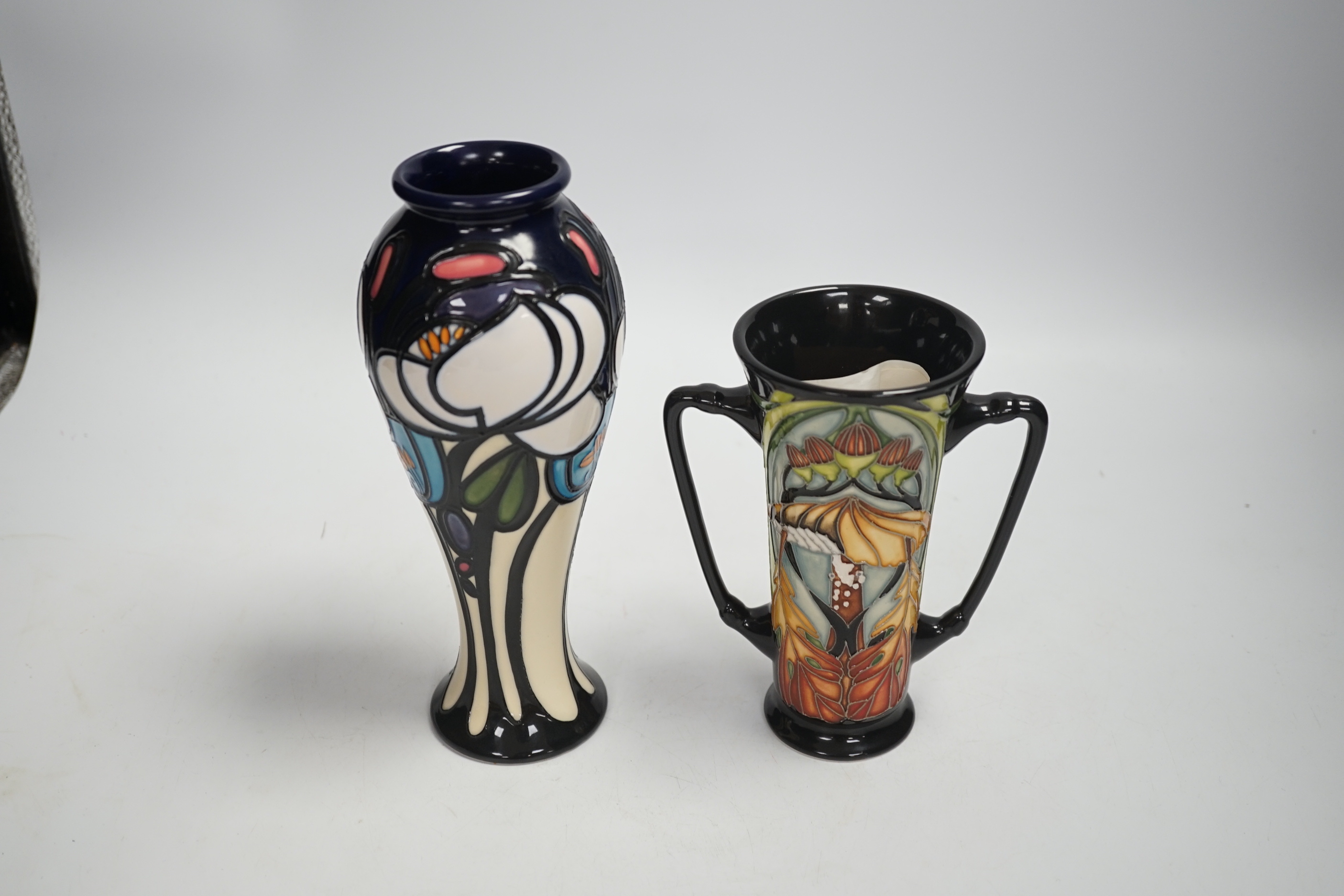 A rare Moorcroft Collector's Club limited edition two handled mushroom and autumn leaf pattern vase by V. Ward? and a ‘Sea Holly’ vase by Emma Bossons, tallest 21cm